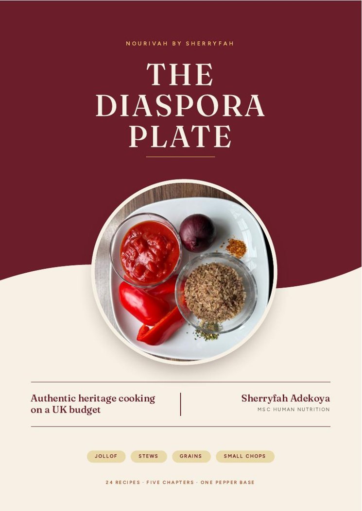 Cover of The Diaspora Plate by Sherryfah Adekoya, a burgundy panel with a wave above a round plate of fresh ingredients